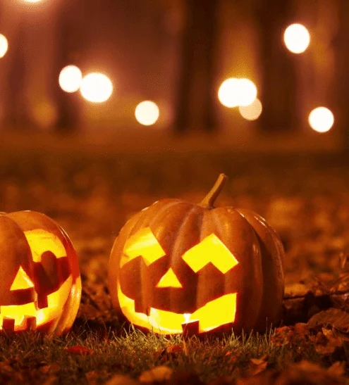 Festive Halloween pumpkins glowing warmly amidst autumn leaves and soft garden lighting at luxury hotel grounds.