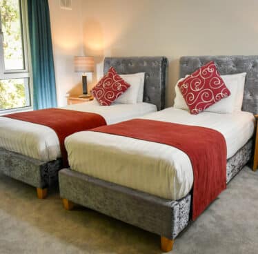 Twin beds with grey velvet headboards, red throws, and decorative pillows in a cosy, well-lit hotel room with a garden view.
