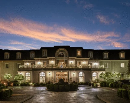 Elegant hotel façade at sunset with warm lighting, manicured gardens, and welcoming entrance in luxurious setting.