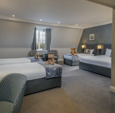 Spacious hotel room with two plush beds, cosy sofas, teddy bears, elegant decor, and natural light from large window.