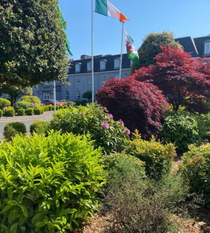 Lush hotel gardens with vibrant shrubs under clear skies, showcasing flags and classic building exterior.