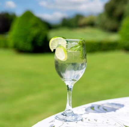 Refreshing cocktail on elegant terrace with lush garden view at luxury hotel.