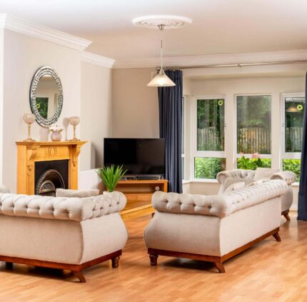 Elegant hotel lounge with comfortable sofas, TV, and garden view, ideal for relaxation and socialising.