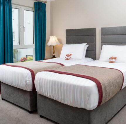 Bright twin room with plush beds, elegant lamp, soft carpets, and cosy ambience, perfect for a restful stay.